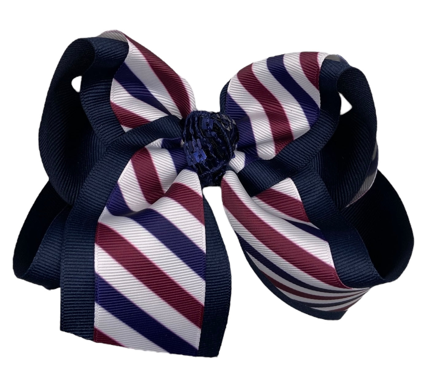 Burgundy White & Blue Stripes Dots Hair Bow