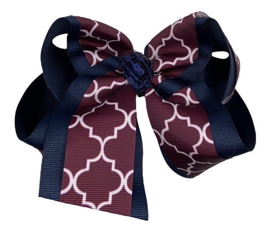 Quatrefoil Burgundy & White Hair Bow